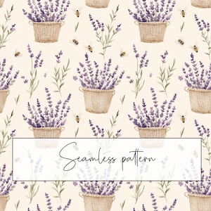 Puede incluir: Un patrón sin costuras con flores de lavanda en cestas tejidas con abejas volando a su alrededor sobre un fondo beige claro.