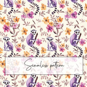 May include: A seamless pattern featuring purple lemurs with black and white striped tails, surrounded by pink, orange, and yellow flowers on a cream background. The text "Seamless pattern" is written in a white box.