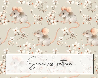 Watercolor Gray Mice Floral Pattern, Beige Background (Digital Download)