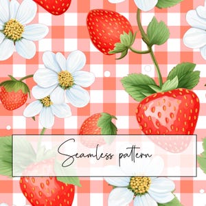 Può includere: Uno schema senza cuciture con fragole rosse e margherite bianche su uno sfondo a quadri vichy rosa e bianco. Il testo "Seamless pattern" è scritto in corsivo nero.