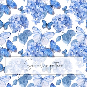 Hortensia de acuarela con patrón sin costuras de mariposa azul, patrón floral repetido, tarjeta imprimible, sublimación, descarga digital