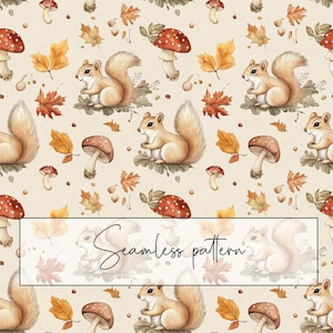 Eichhörnchen Herbst Blätter Pilze Musterdesign, Herbst Muster, Stoffmuster, Tapete, Papier, digitaler Download