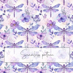 Libelle mit lila Blumen Musterdesign, Stoffmuster druckbare Karte Sublimation, digitaler Download