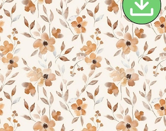 Soft Brown Floral Seamless Pattern, Neutral Boho Repeat Tile, Beige Background (Digital Download)
