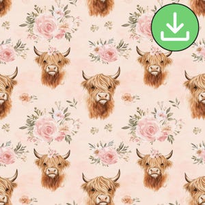 Floral Highland Cow Seamless Pattern, Cute Watercolor Cow Pink Roses Repeat Pattern, Tile, Farm Cottage, Digital Paper, Digital Download