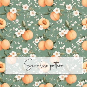 Modèle sans couture pêche, motif répété de fleur de pêcher, fond vert, carte imprimable, sublimation, papier numérique, téléchargement numérique