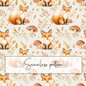 Puede incluir: Patrón sin costuras con ilustraciones de acuarela de zorros, setas y follaje en tonos naranja, marrón y beige. El texto "Seamless pattern" se muestra en un marco rectangular.