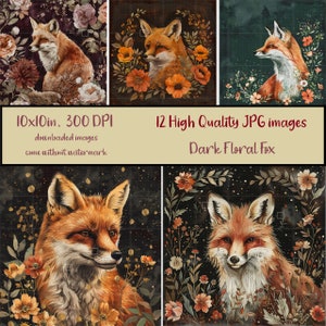 Pacote de raposa floral escura com 12 imagens JPG, arte de raposa com flores, sublimação, para impressão, álbum de recortes, download digital
