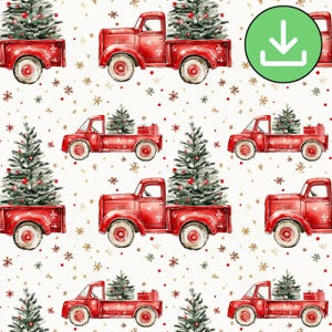 Vintage Christmas Red Truck Tree Seamless Pattern, Repeat Pattern, Snowflakes, Festive, Traditional, Digital Paper, Digital Download