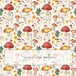 Padrão sem emenda de cogumelo e flores, padrão de repetição caprichosa de cogumelo sapo vermelho amarelo, cartão para impressão, sublimação, download digital
