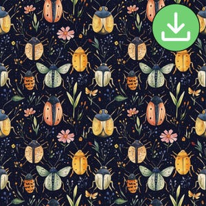 Dark Bugs Seamless Pattern, Colorful Beetles Bugs Insects Black Background Repeat Pattern, Botanical, Digital Paper, Digital Download
