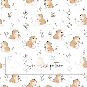 Peut inclure: Un motif sans couture avec des loutres de dessin animé dans l'eau, entourées d'illustrations florales et végétales. Les loutres sont brun clair avec des ventres blancs, sur fond blanc. Le texte "Seamless pattern" est affiché dans un cadre rectangulaire.