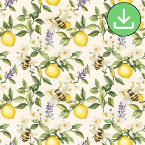 Motif de citron sans couture avec des abeilles, motif de répétition de branche de citron jaune fleur blanche, bourdon d'été, tuile, imprimable, téléchargement numérique