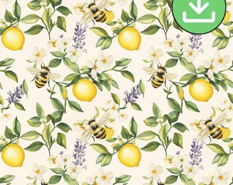 Lemon & Bee Botanical Seamless Pattern,  Watercolor Style, Cottagecore, Summer Repeat Tile (Digital Download)