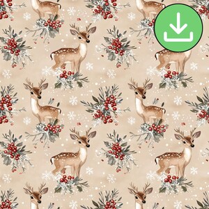 Patrón sin costuras de ciervos invernales, renos beige con copos de nieve en acuarela, patrón repetitivo, imprimible, papel digital, descarga digital