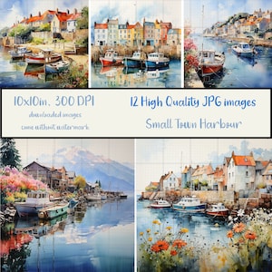 Port de petite ville avec bateaux, lot de 12 cliparts JPG, aquarelle, imprimable, sublimation, scrapbooking, téléchargement numérique