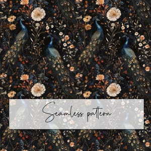 Può includere: Motivo senza cuciture con pavoni con piume blu e oro, circondati da fiori color crema, arancione e rossi, su sfondo scuro. Il testo "Seamless pattern" è visualizzato in un rettangolo bianco.