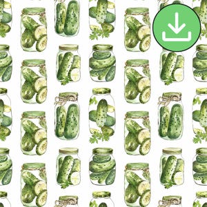 Pickles in Jars Watercolor Seamless Pattern, Food Repeating Tile (Digital Download)
