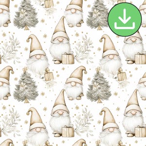 Patrón sin costuras de gnomo navideño beige dorado, patrón repetitivo de gnomo navideño ligero y caprichoso, papel digital, manualidades, descarga digital