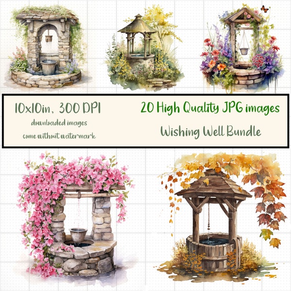 Watercolour Wishing Well JPG, Bundle of 20 Clipart, Romantic Floral Wishing Well, Printable, Sublimation, Digital Download