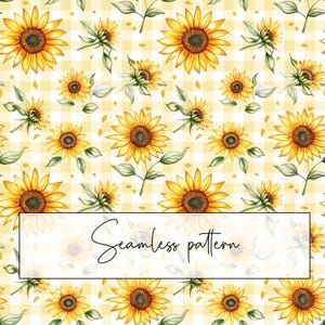 May include: A seamless pattern featuring yellow sunflowers with brown centers on a white and yellow gingham background. The pattern is perfect for fabric, wallpaper, or other crafting projects.
