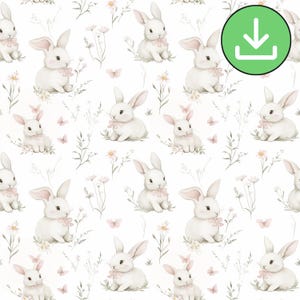 Padrão sem costura de coelho em tons pastel suaves, aquarela, repetição de coelho em tons creme claro e rosa, borboleta rosa, download digital