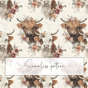 Peut inclure: Un motif sans couture sur fond blanc avec des vaches Highland brunes et blanches portant des couronnes de fleurs. Les vaches sont entourées de fleurs roses, rouges et jaunes.