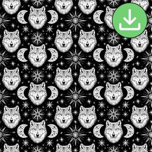 Naadloos patroon Wolf Moon Stars, Celestial Wolves Repeat-tegel (digitale download)