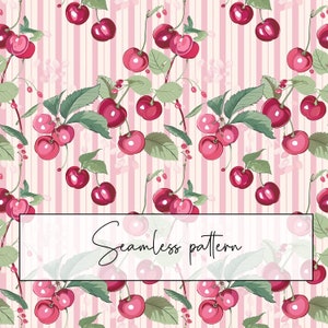 May include: A seamless pattern featuring pink and green cherries on a background of pink and white stripes. The cherries are arranged in clusters and are surrounded by green leaves. The pattern is perfect for use in a variety of applications, such as fabric, wallpaper, and gift wrap.