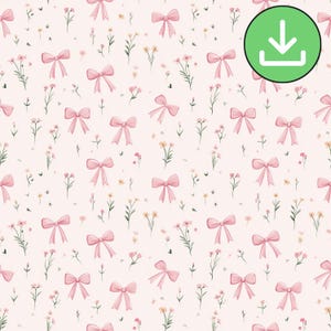 Roze strikken met ditsy bloemen naadloos patroon, girly schattig bloemen herhalingspatroon, lichtroze achtergrond, tegel, afdrukbaar, digitale download