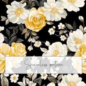 May include: A seamless floral pattern featuring white and yellow flowers with green leaves on a black background. The design includes roses and other flower types. The text "Seamless pattern" is displayed in a rectangular box.