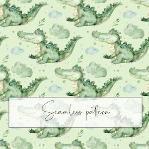 Cute Alligator Seamless Pattern, Green Cartoon Watercolor Alligator Repeat Pattern, Printable Card, Sublimation, Digital Download