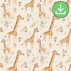 Patrón sin costuras de familia de jirafas en acuarela, bonito patrón de jirafa repetida en estilo de dibujos animados, beige, bohemio, para guardería, neutro, descarga digital