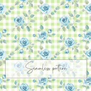 May include: Seamless pattern featuring light blue roses on a green and white gingham background. The text "Seamless pattern" is written in white on a white rectangle.