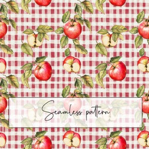 May include: A seamless pattern featuring red apples with green leaves on a red and white checkered background. The pattern is perfect for use in fabric, wallpaper, or other design projects.