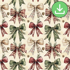 Watercolor Christmas Bows Seamless Pattern | Muted Green and Red Christmas Digital Paper | Cosy Traditional Xmas  * Digital Download *
