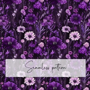 Könnte beinhalten: Ein nahtloses Muster mit lila und weißen Blumen auf einem dunkelvioletten Hintergrund. Die Blumen sind in einem sich wiederholenden Muster angeordnet, das ein wunderschönes und zartes Design erzeugt.