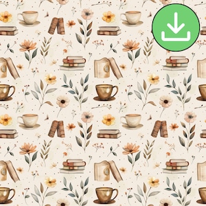 Books And Coffee Floral Seamless Pattern, Neutral Beige Background Bookish Repeat Pattern, Flowers, Textile Design, Digital Download
