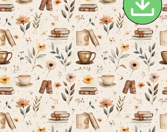 Books And Coffee Floral Seamless Pattern, Neutral Beige Background Bookish Repeat Pattern, Flowers, Textile Design, Digital Download