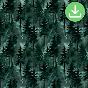 Watercolor Dark Green Forest Trees Seamless Pattern, Tree Silhouette Repeat Pattern, Fabric Textile Design, Printable Card, Digital Download