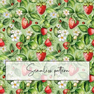Modello senza cuciture con fragole e coccinelle, motivo ripetuto verde carino ad acquerello, carta stampabile, sublimazione, download digitale