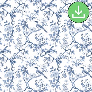 Vintage Style Blue Chinoiserie Floral Birds Seamless Pattern, Branch Repeat Pattern, Textile Fabric Pattern, Wallpaper, Digital Download