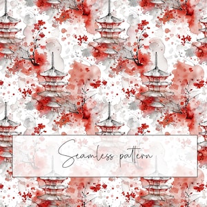 May include: A seamless pattern featuring red and grey watercolour illustrations of Japanese pagodas, cherry blossoms, and splattered paint on a white background.
