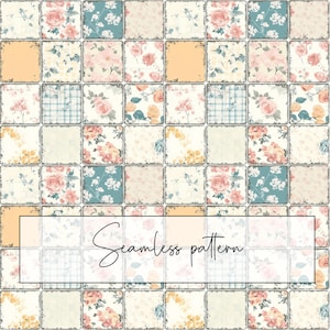 Può includere: Un motivo senza cuciture con un design patchwork di quadrati floreali e a quadri. I quadrati presentano rose, farfalle e altri elementi floreali nei toni del rosa, giallo e verde acqua, con un bordo invecchiato. Il testo "Seamless pattern" è visualizzato.