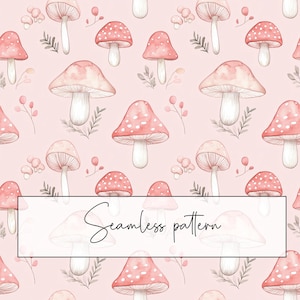 Peut inclure: Motif sans couture avec des illustrations à l'aquarelle de champignons rouges et blancs à pois sur fond rose clair. Le motif comprend des champignons de différentes tailles, des brins et le texte "Seamless pattern".