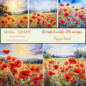 Champ de coquelicots, lot de 16 images JPG, aquarelle, paysage de fleurs de pavot sauvages, tenue de journal, scrapbooking, téléchargement numérique