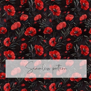 Roter Mohn Schwarzer Hintergrund Nahtloses Muster, Aquarell Rot Blumenmuster, Stoffmuster, Tapetendesign, Papier, digitaler Download