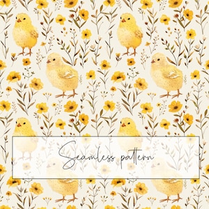Lindo patrón sin costuras de pollo amarillo con flores, patrón repetido de flores de granja, tarjeta de sublimación imprimible con patrón de tela, descarga digital