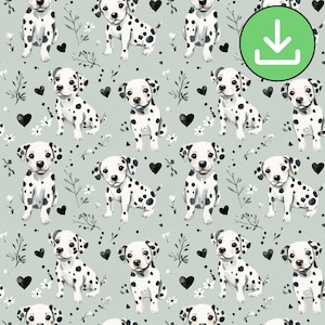 Motivo senza cuciture con cuccioli di dalmata, ripetizione di piastrelle, cane carino, sfondo verde salvia con cuori, stampabile, download digitale