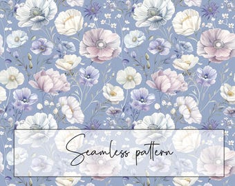 Light Cool Color Flowers Seamless Pattern, Delicate Pale Blue White Pink Floral Repeat Pattern, Textile Fabric, Wallpaper, Digital Download